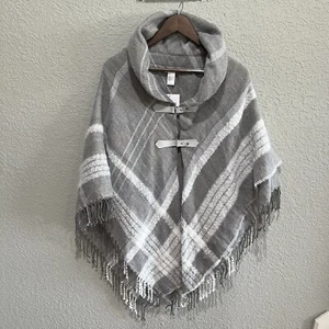 Mixit Beautiful Gray White Poncho Toggle Buttons Fringe Trim Shawl Sweater - Picture 1 of 8