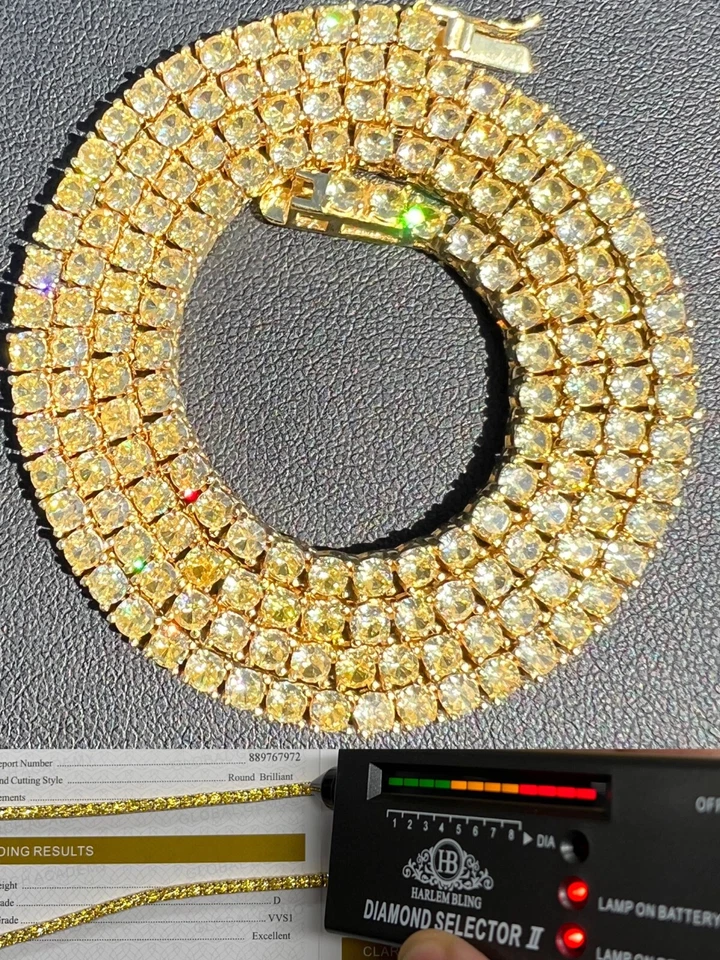 MOISSANITE Tennis Chain 14k Gold Plated 925 Silver Yellow Canary Necklace 3mm - Image 1 of 4