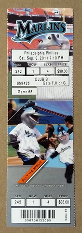 Miami Florida Marlins Ticket Stub 09-03-11 vs Phillies Billy the Marlin - Lot #1 Cover
