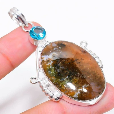 Ciondolo gioiello in argento sterling 925 con pietra preziosa muschio indiano... - Immagine 1 di 4