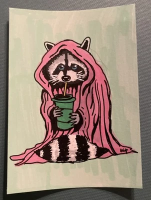 Aceo Original ATC Acrylic Marker 2.5 X 3.5" Cozy Racoon Trash Panda - Image 1 of 2