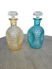 Hobnail Decanter Bottle Amber Blue Clear Glass Blown Pinch Barware Vintage Pair