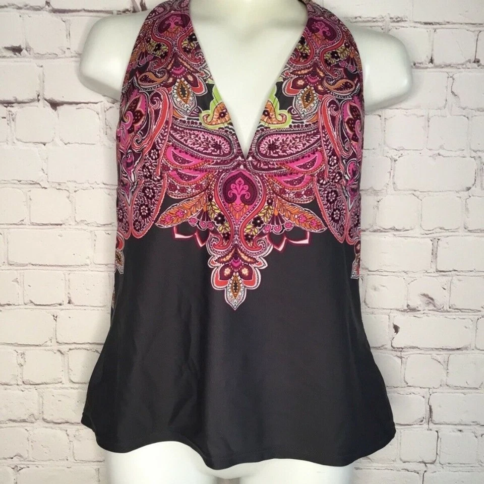 Tankini de natación Athleta para mujer marrón/rosa estampado cachemir cuello halter talla S Foto 1 de 4