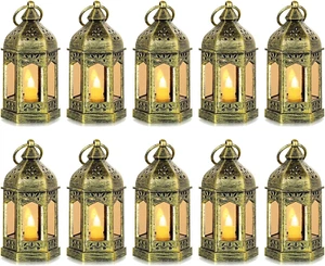 Mini Lantern with Flickering LED Candle Set of 10,Hewory Gold Vintage Decorative - Picture 1 of 12