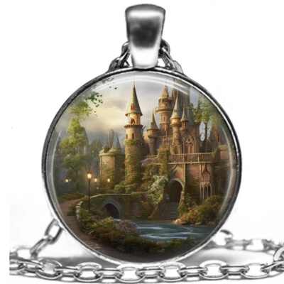 Enchanting Fairytale Castle in Lush Forest Fantasy Necklace 24" Oval Link Chain - Image 1 of 4