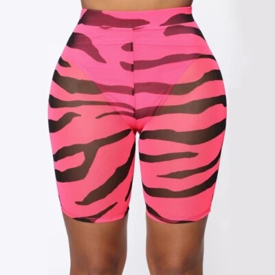 Neon Color Zebra Stripes Shorts Animal Sexy Sheer See Through High Waist Bottoms - Image 1 of 4