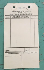 Vintage 1959 U.S. Customs Declaration Tag unbenutzt mit Befestigungslöchern Ephemera - Bild 1 von 2