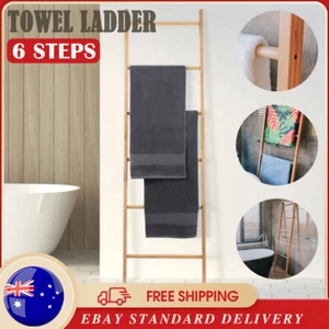 Towel Ladder Blanket Rack Rustic Bamboo Leaning Bathroom Clothes Dryer Hanger - Picture 1 of 11