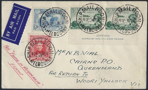 AUSTRALIA 1934 FIRST FLIGHT MELBOURNE TO WOOR YALLOCK VICTORIA FRANKED ScCT PAIR Cover