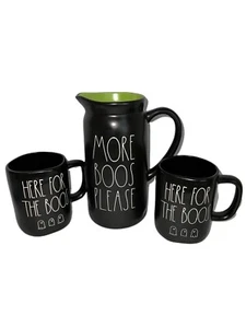 Rae Dunn MORE BOOS PLEASE Ceramic Pitcher HERE FOR THE BOOS Coffee Mugs Blk NWT - Picture 1 of 9