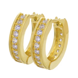 Men's Women's Iced Huggie Hoop Hinged Snap 14K Gold Plated Earrings HE 115 G - Picture 1 of 3
