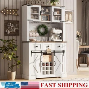 72" Farmhouse Bar Cabinet with Sliding Barn Door, Tall Kitchen Buffet White - Picture 1 of 9