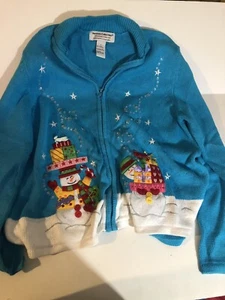 Women’s Ugly Christmas Sweater Large Snowman With Presents Blue - Picture 1 of 3