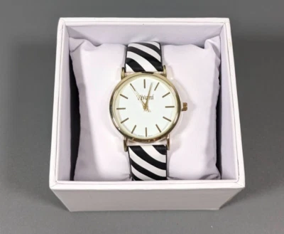 Vivani Round Gold Tone Case Black White Stripe Faux Leather Band Watch NEW - Image 1 of 4