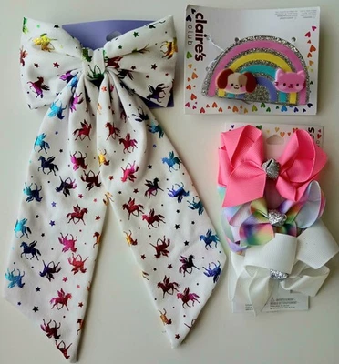 New Claire's Set 3 Rainbow Colorful Claw Unicorn Foil Bow Hair Clip Ties Girls - Image 1 of 2