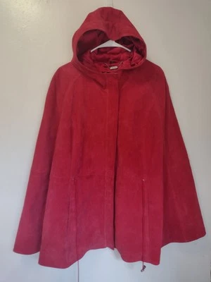 红色麂皮绒可水洗全拉链斗篷/开普带口袋抽绳和连帽均码 — 第 1/4 张图片