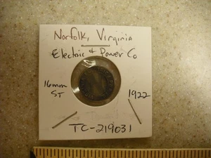 1922 Norfolk, VA Electric & Power Company Transit Token TC-219031/VA580I - Bild 1 von 2