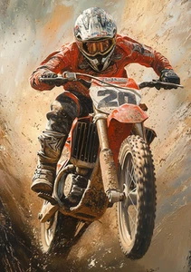Canvas Art Red Brown Motocross Rider Soaring High Wall Picture Poster Print - Picture 1 of 22