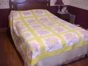 QUILT, GROSSER BUNTER BLUMENFUTTERSACK, Lotsa GELB 1930er - Bild 1 von 4