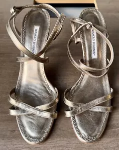 MANOLO BLAHNIK Ankle Strap Metallic Sandal Heels Gold 41 - Picture 1 of 7
