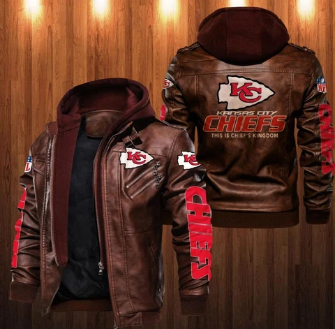 Kansas City Chiefs Men's Leather Bomber Jacket Biker Winter Hooded Jacket Coat Cover