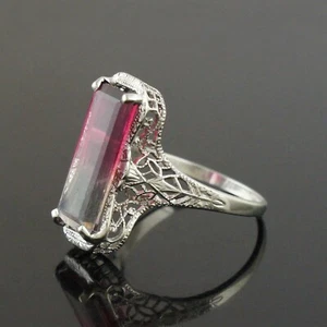 Art Deco Solid 14K White Gold Filigree & Bi-Color Tourmaline Estate Ring - Picture 1 of 9