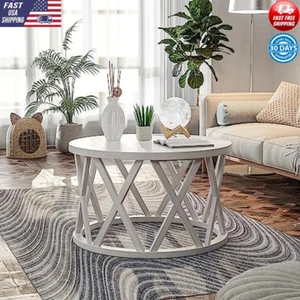 Rustic Round Coffee Table Wood Textured Top X-Motif Base Living Room Decor White - Picture 1 of 7