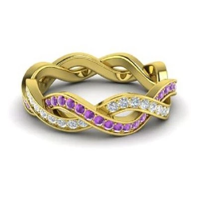 Alianza de eternidad de boda de diamante amatista natural redonda de 1,08 quilates de oro amarillo de 14 quilates 7 Foto 1 de 4