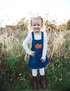 Max Studio Girl Top Bib Sequin Pumpkin Overall Denim Jumper Dress Size 8 - Picture 1 of 15