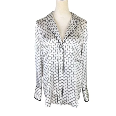 Camisa Pijama Marco M Blanco Negro Estampado Satinado 100% Seda Botón Delantero Manga Larga Foto 1 de 4