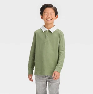 XL Husky Boys' Long Sleeve Solid Polo Shirt Green collar cuffs - Picture 1 of 10