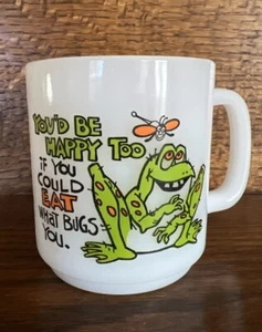 Glasbake Milk Glass Frog Mug “You'd Be Happy Too If You Could Eat What Bugs You” - Picture 1 of 3