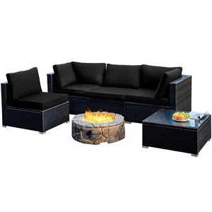 Patiojoy 5PCS Patio Rattan Furniture Set Cushioned Coffee Table Sofa Chair Black - Picture 1 of 8