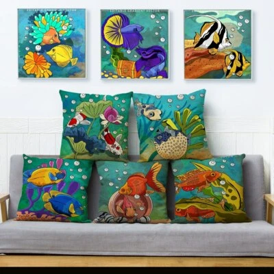 Cute Colorful Ocean Fish Print Cushion Cover Throw Pillows Covers Home Decor - Image 1 of 4