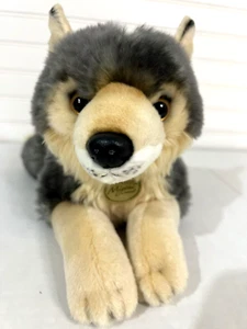 Miyoni By Aurora Plush Wolf 18" Soft Stuffed Animal Toy Gray Cream Tan Laying - Picture 1 of 8