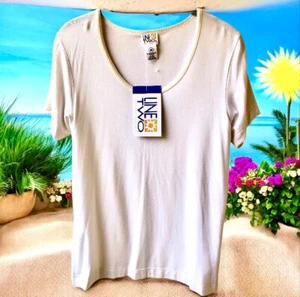 LINE TWO Vintage Retro Scoop Neck Top Short Sleeves Tee Womens Medium NEW - Picture 1 of 12