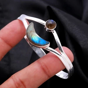 Labradorite Gemstone 925 Sterling Silver Adjustable Handmade Bangle Jewelry - Picture 1 of 4