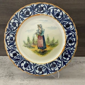 Vintage Quimper French Country Hand Painted Woman Garden 10" Dinner Plate France - Picture 1 of 8