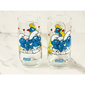 Smurf Smurfette Drinking Clear Glasses 14oz by Peyo 1982 6" x2 Vintage - Picture 1 of 15