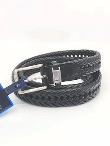 Nautica Schwarz Leder Flechtgürtel Herren 44 Messingschnalle Gewebtes Logo - Bild 1 von 11