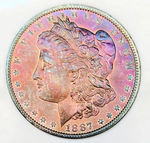 1887 P MORGAN DOLLAR! GEM BU+++! BEAUTIFUL RAINBOW TONED OBVERSE! WOW! NR #K1008 - Picture 1 of 3