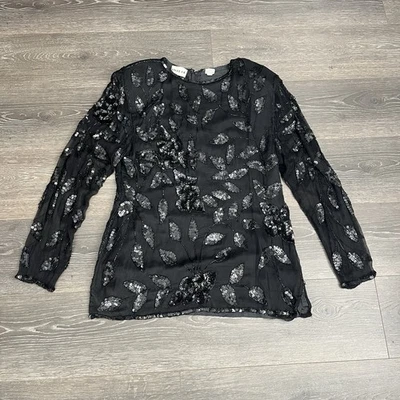 Sweet Lo Blouse 100% Silk Beaded Vintage Delicate Black Womens Size Large Glam - Image 1 of 4