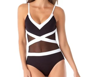 Anne Cole Colorblock Mesh Black White One Piece Swimsuit Size 14 NWT - Picture 1 of 8
