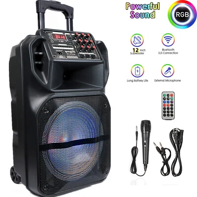 MTTZONE 12" Portable Wireless Bluetooth Speaker Stereo Bass MIC PA System FM AUX Remote