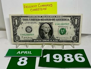 One Dollar Bill Birthday April 8 1986. Near Uncirculated. Fancy Serial Number - Picture 1 of 10