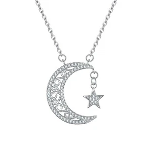 925 Sterling Silver Plated Moon & Star Necklace Pendant Choker 18''- Adjustable - Picture 1 of 4