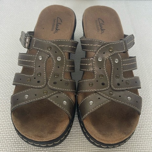 Sandali donna Clarks pieghevoli pelle bronzo zeppa regolabile misura 7 punta aperta