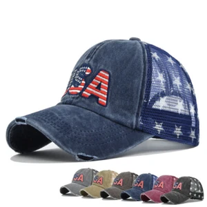 Distressed USA Baseball Cap for Women Men Embroidered Letter Trucker Hats Mesh - Picture 1 of 17