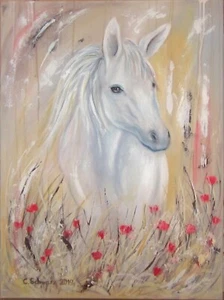 PFERD IM KORNFELD  60cmx80cm, KUNST PFERDEBILD BILD ABSTRAKT MOHN NEU SCHIMMEL  - Bild 1 von 4