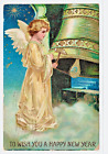 Happy New Year Child Angel Robe Wings Clouds Rings Bell Gilded P/U 1908 (A287)
